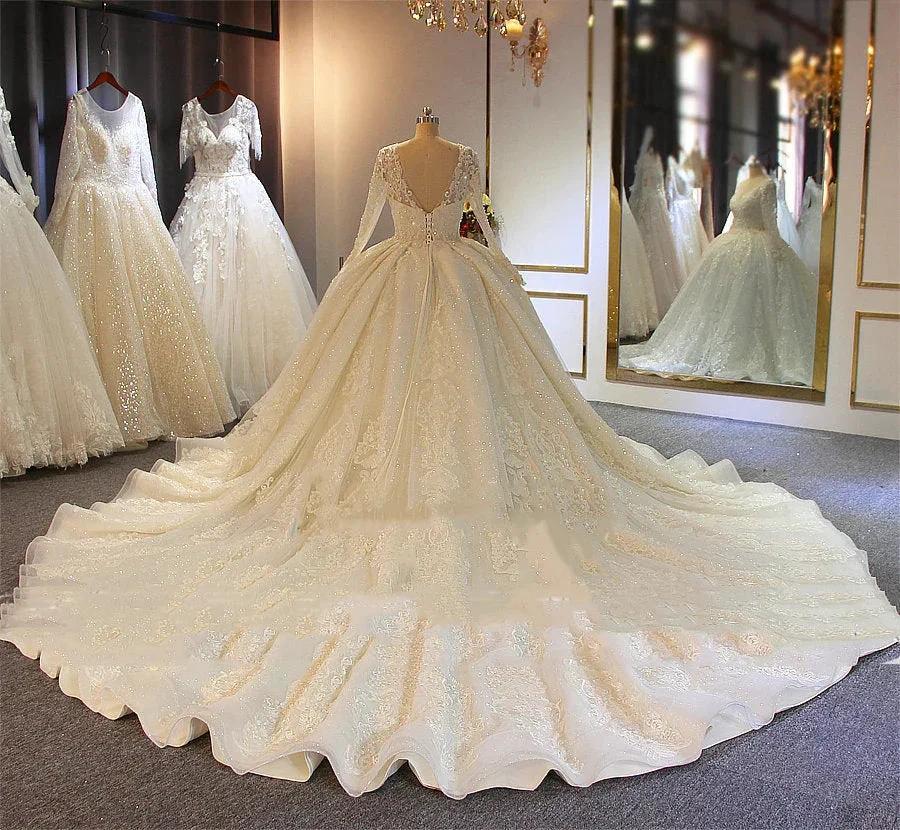 Shinny Long A-line Full Beading Lace-Up Wedding Dresses with Sleeves - Image 4