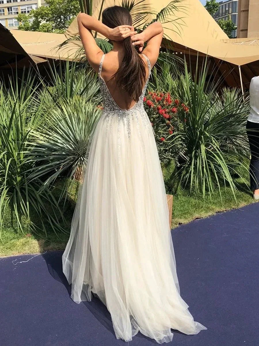 Shiny A Line V Neck Backless Sequins Long Prom Dresses Sparkly Formal Graduation Evening Gowns - Image 2