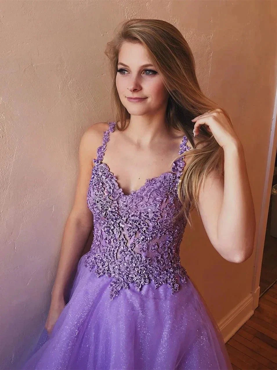 Shiny A-line V Neck Open Back Tulle Lace Long Prom Formal Evening Dresses - Image 2