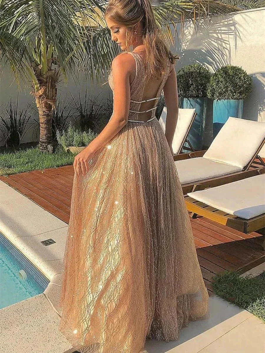 Shiny A-line V Neck Sparkly Backless Long Prom Formal Graduation Evening Dresses - Image 3