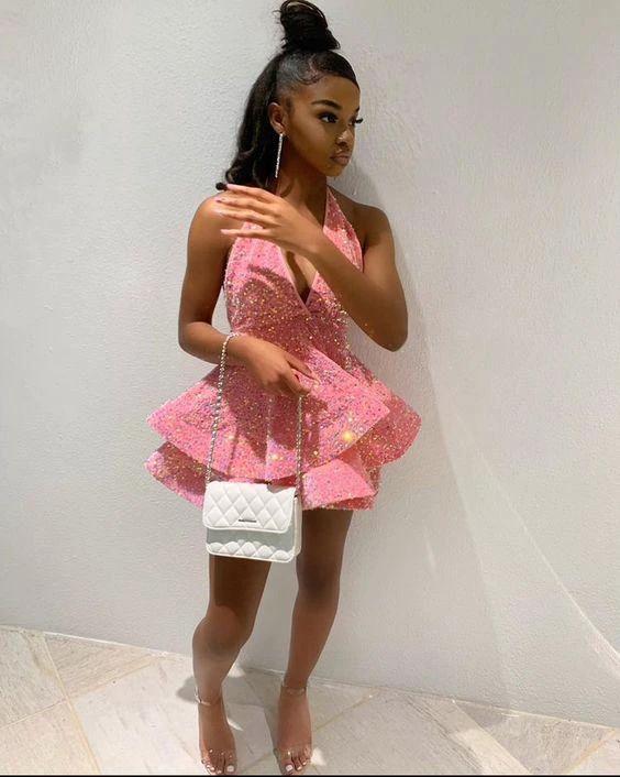 Shiny Black Girl Homecoming Dresses Short Pink 20th Birthday Dress Y404 - Image 2