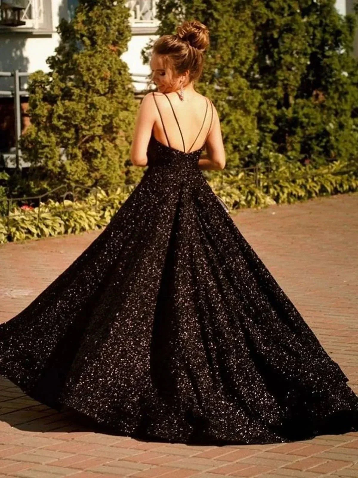 Shiny Black Long A-line V-neck Sequined Backless Formal Prom Dresses - Image 2