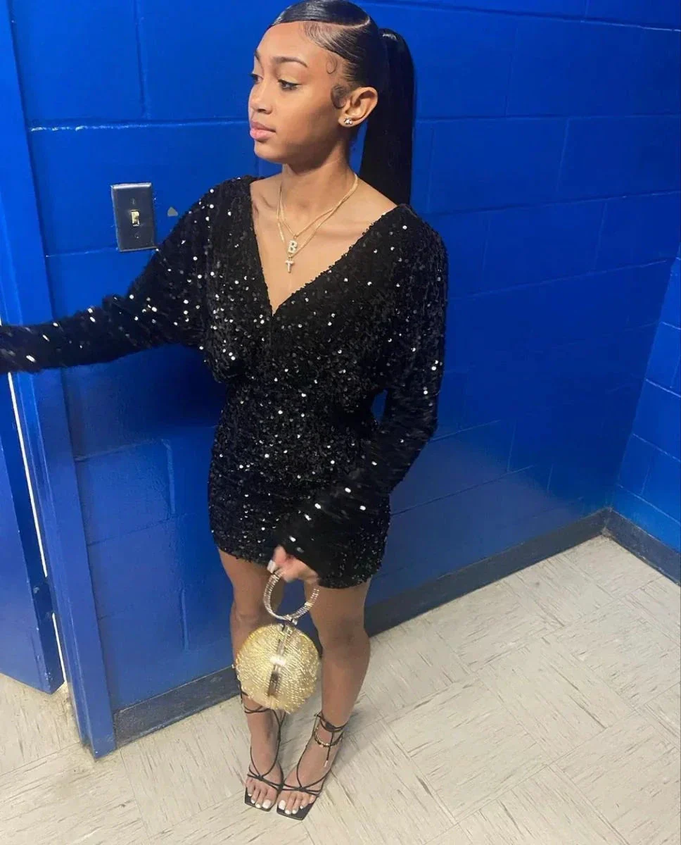 Shiny Black Sequins Homecoming Dress with Long Sleeves Y2158 - Image 2