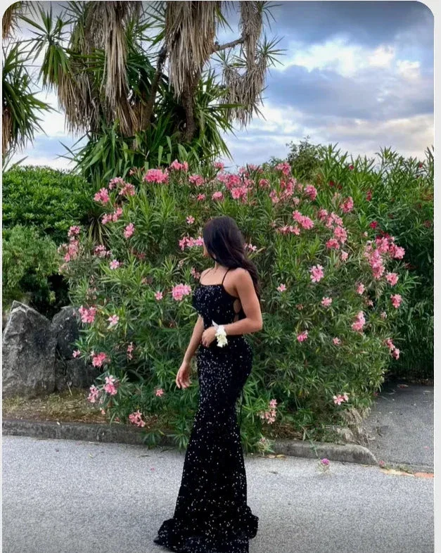 Shiny Black Sequins Long Evening Dress With Lace-up Back Y4946 - Image 2