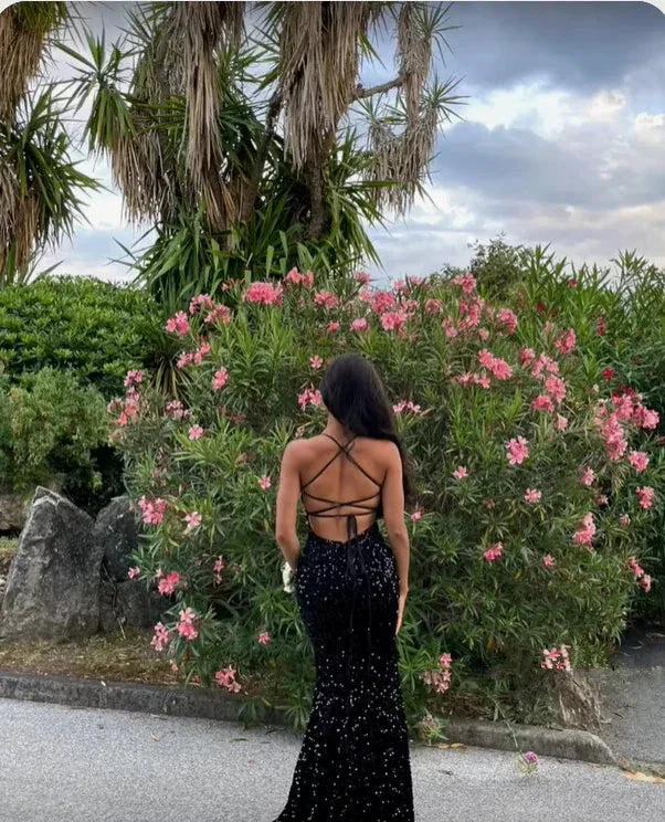Shiny Black Sequins Long Evening Dress With Lace-up Back Y4946 - Image 3