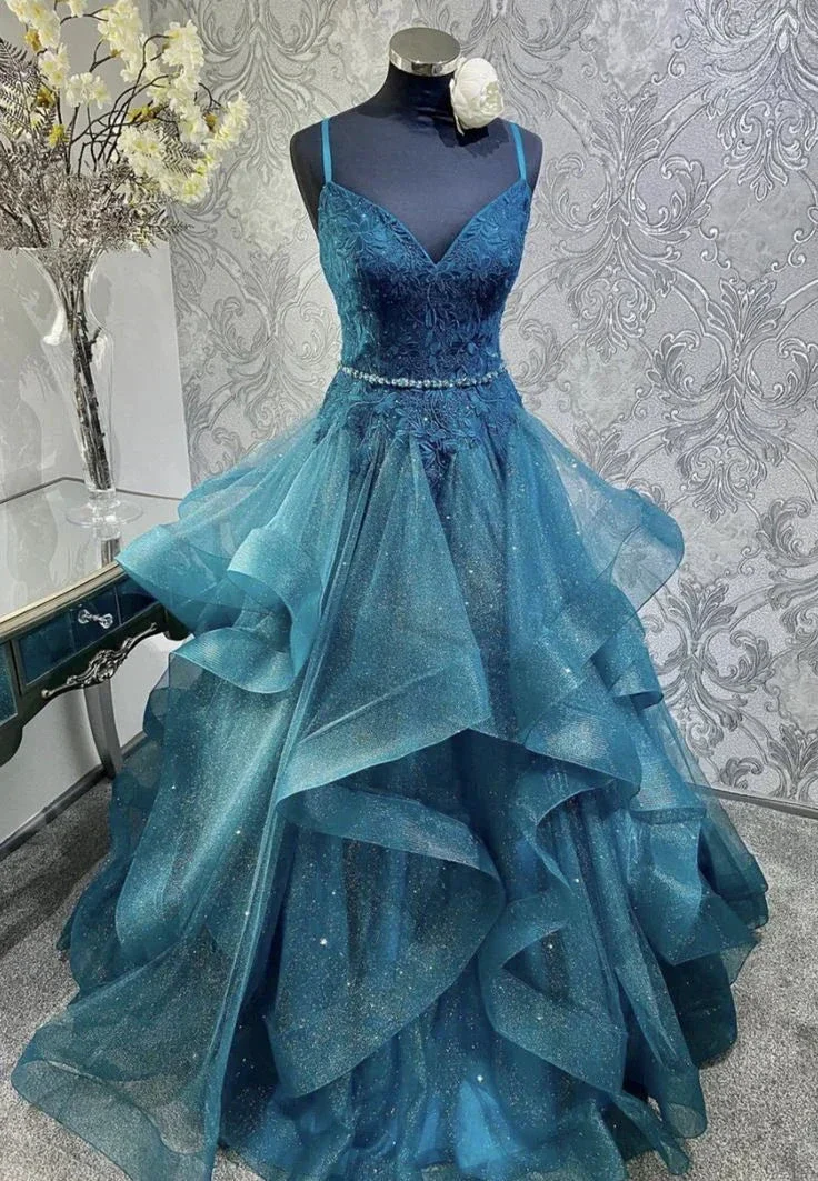 Shiny Blue V-neck Tulle Appliques Sequins Long Prom Dress Spaghetti Strap Evening Dress Y8051 - Image 2