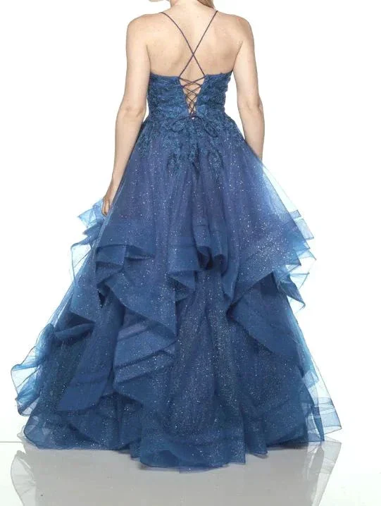 Shiny Blue V-neck Tulle Appliques Sequins Long Prom Dress Spaghetti Strap Evening Dress Y8051 - Image 3