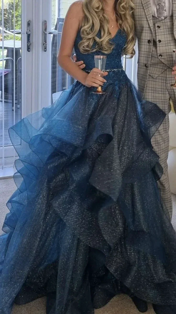 Shiny Blue V-neck Tulle Appliques Sequins Long Prom Dress Spaghetti Strap Evening Dress Y8051 - Image 4