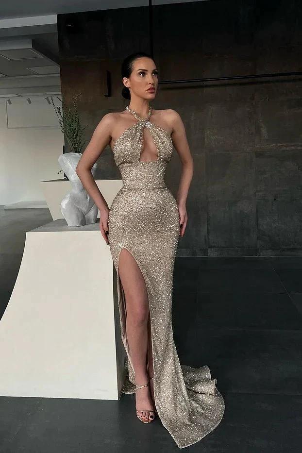 Shiny Halter Slim Prom Dress with Side Split & Sweep Train - Image 2