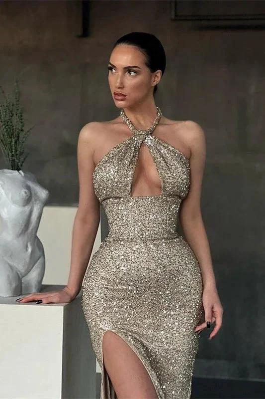 Shiny Halter Slim Prom Dress with Side Split & Sweep Train - Image 4