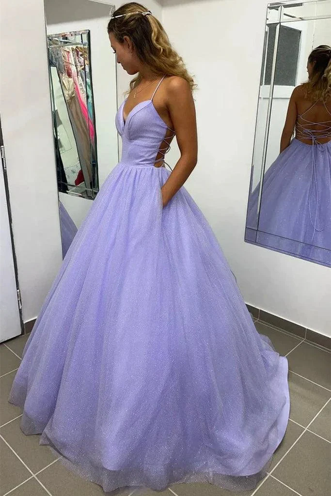 Shiny Lavender A Line V Neck Tulle Prom Formal Dress With Pocket PSK367 - Image 3