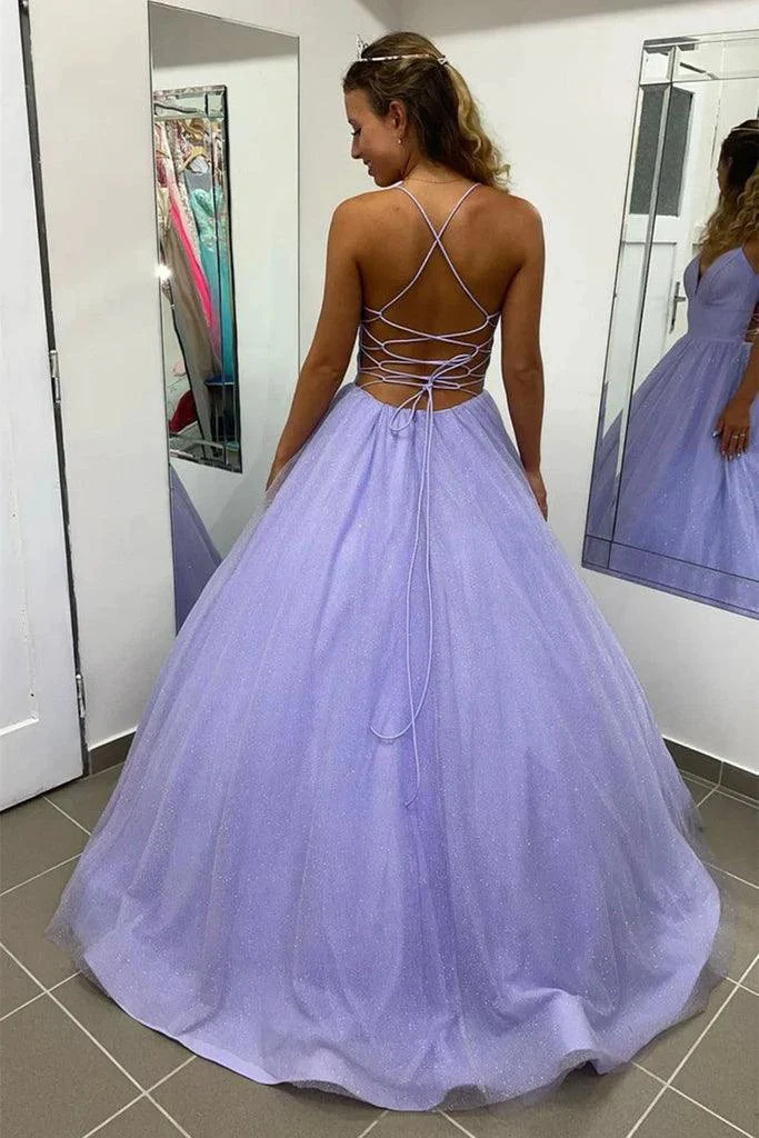Shiny Lavender A Line V Neck Tulle Prom Formal Dress With Pocket PSK367 - Image 5