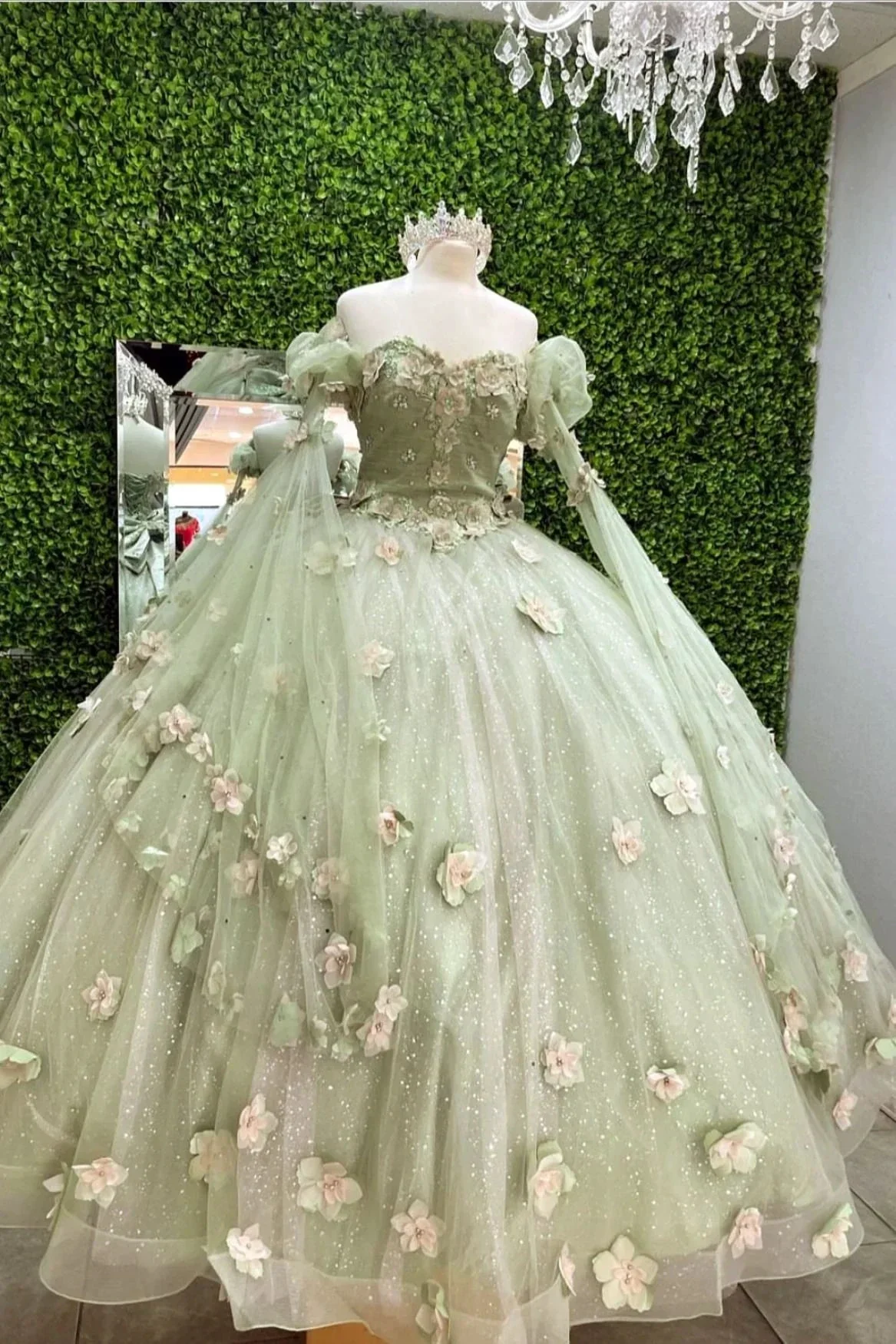 Shiny Light Sage Green Princess Dress with Flowers .Light Sage Green Ball Gown,Sweet 16 Dress Y2188 - Image 2