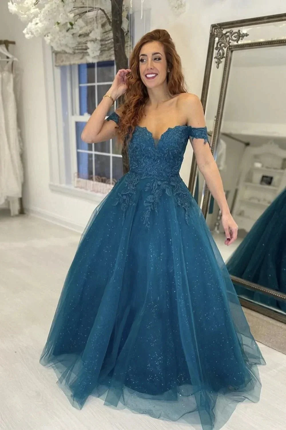 Shiny Long A-line Off The Shoulder Tulle Lace Formal Prom Dresses - Image 2