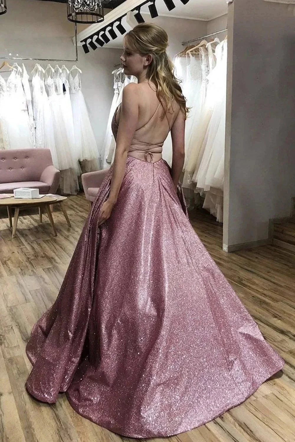 Shiny Long A-line Spaghetti Straps Open Back Formal Evening Dresses - Image 2