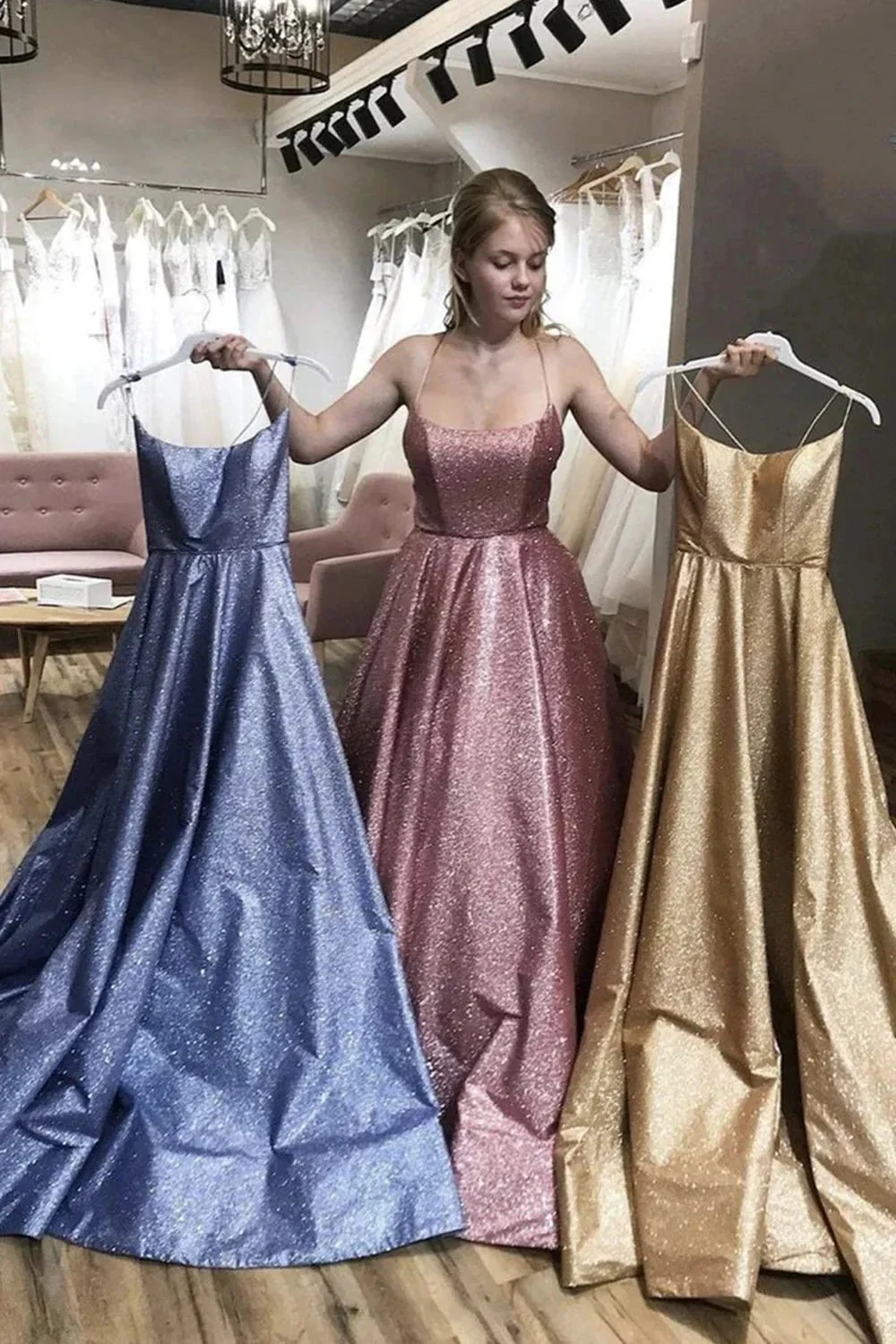 Shiny Long A-line Spaghetti Straps Open Back Formal Evening Dresses - Image 3