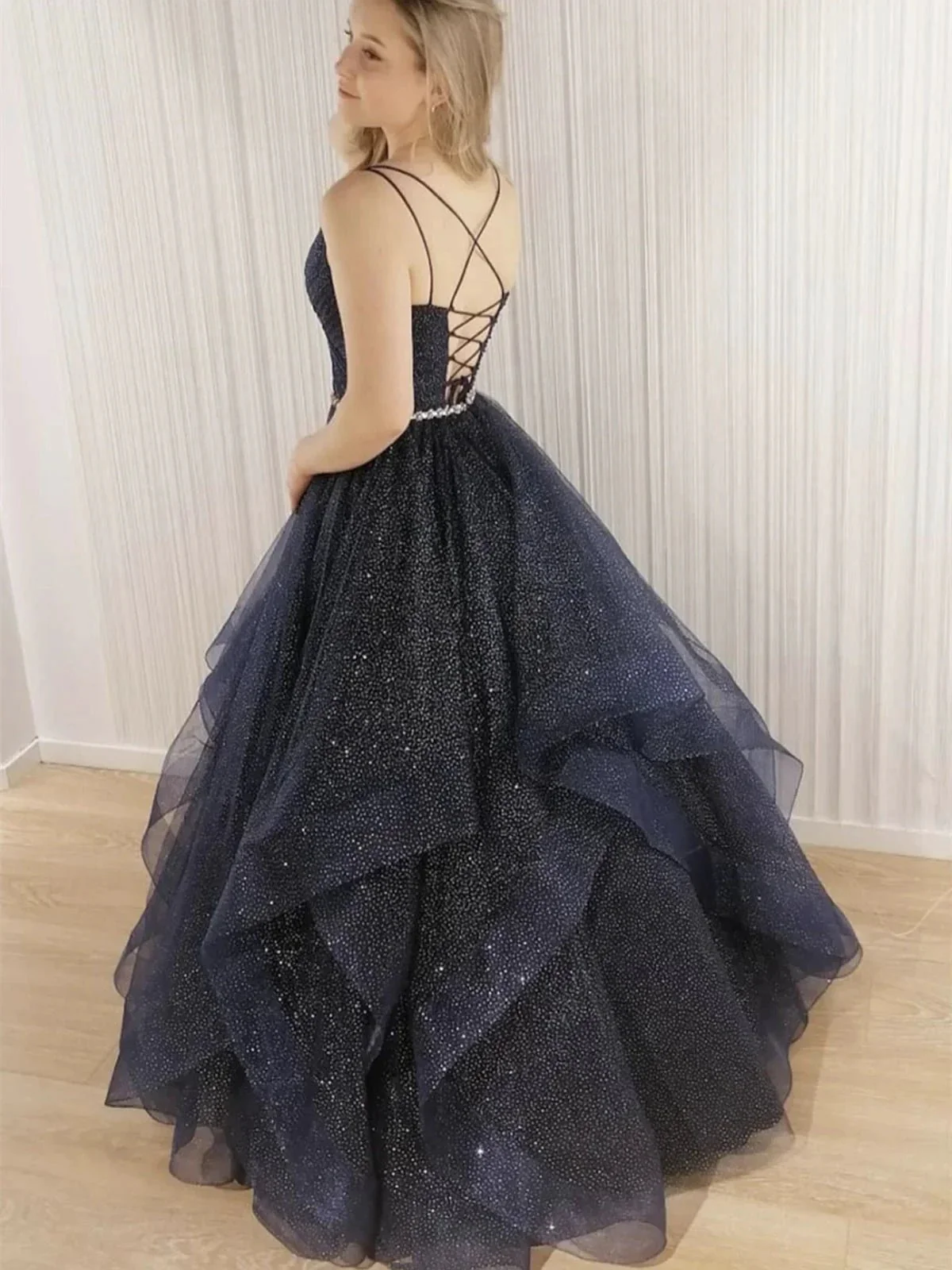 Shiny Long A-line V-neck Tulle Beading Open Back Formal Prom Dresses - Image 2