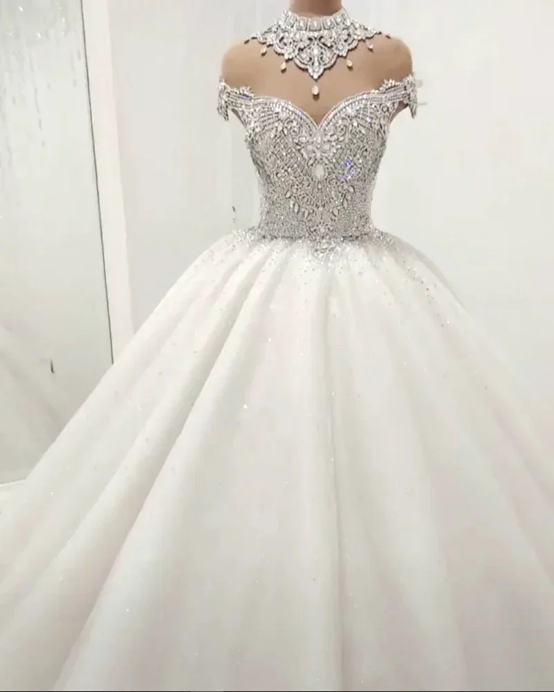 Gorgeous High Neck Crystal Beading Princess Wedding Dress - Image 3
