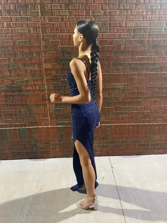 Shiny Navy Blue Sheath Evening Dress Navy Blue Evening Gown Y6359 - Image 2