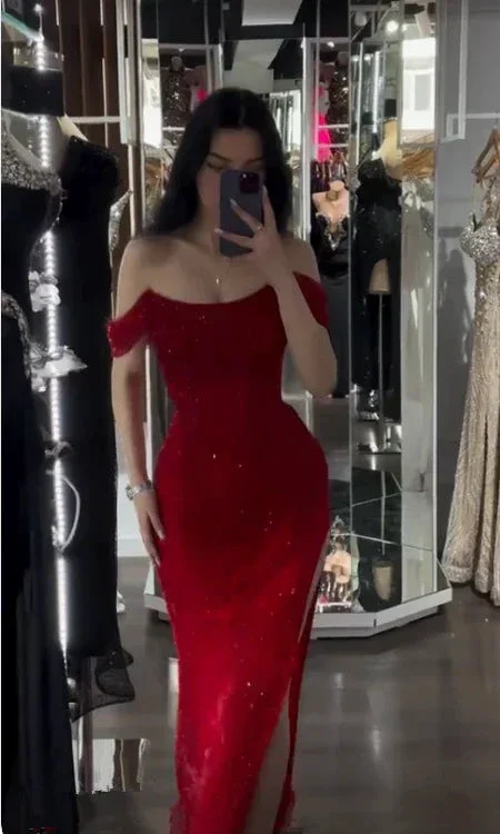 Shiny Off Shoulder Sequins Red Prom Dress Evening Dress With Side Slit Y7805 - Image 2