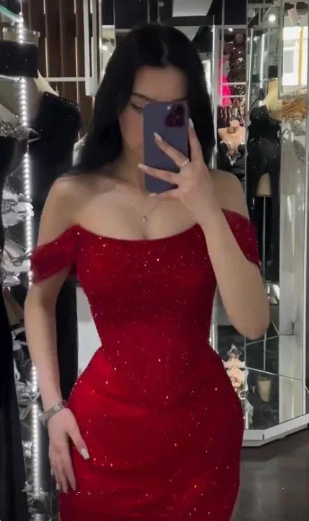 Shiny Off Shoulder Sequins Red Prom Dress Evening Dress With Side Slit Y7805 - Image 3