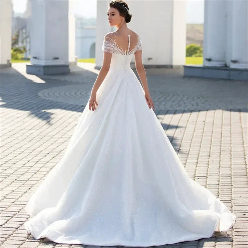 Shiny Off The Shoulder 2023 Wedding Dress For Bride Elegant Glitter Lace A-Line Bridal Gown Illusion Pleats Robe De Mariée - Image 2