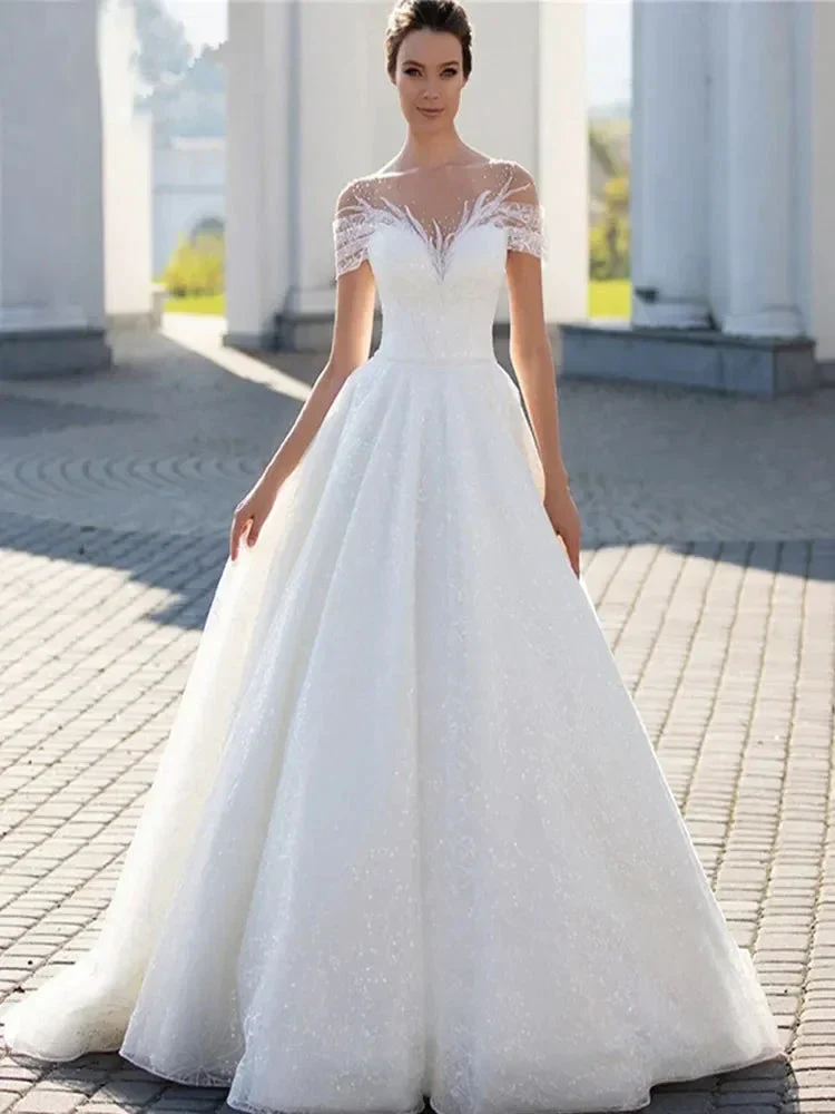 Shiny Off The Shoulder 2023 Wedding Dress For Bride Elegant Glitter Lace A-Line Bridal Gown Illusion Pleats Robe De Mariée - Image 3