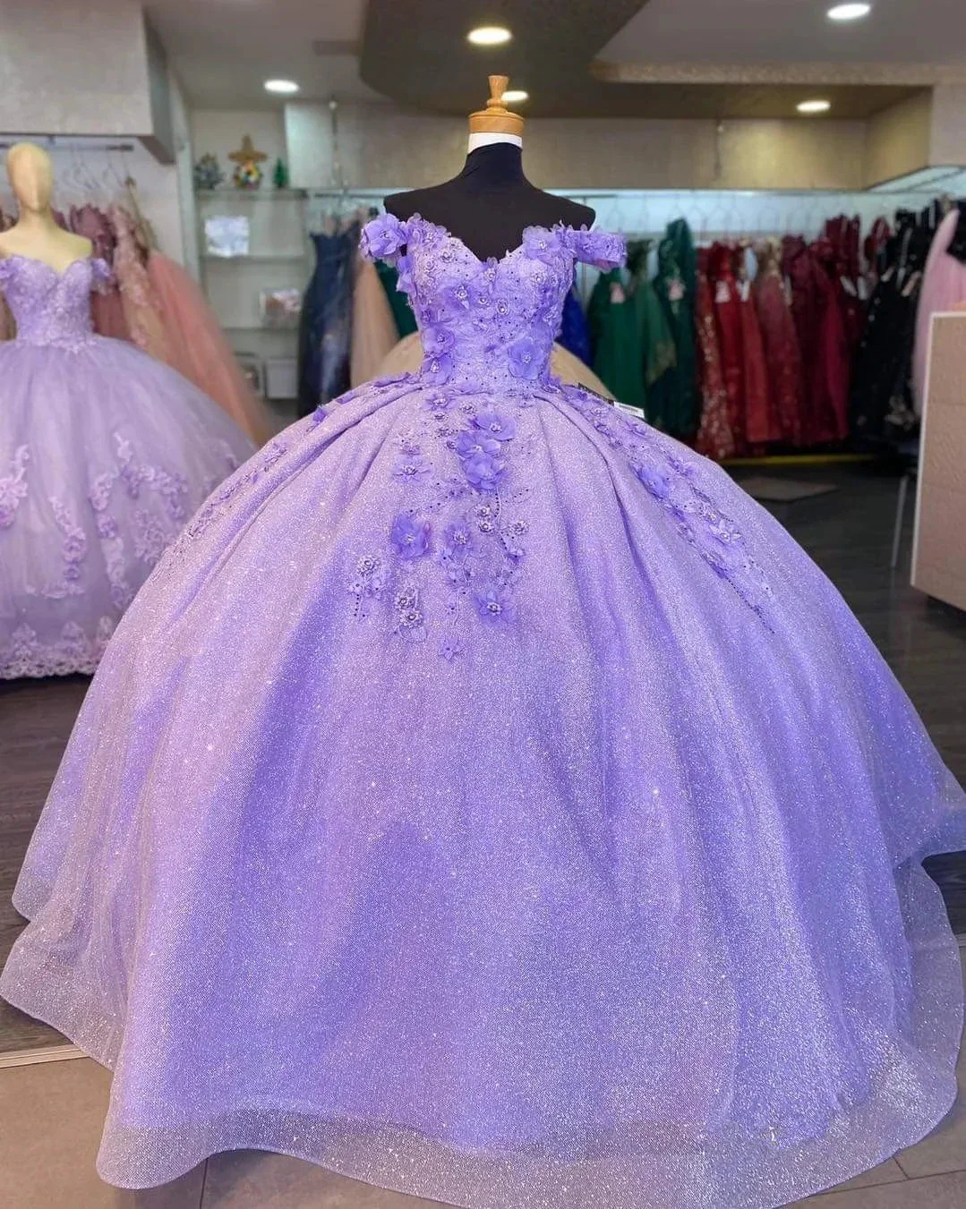 Shiny Off The Shoulder Ball Gown with 3D Flowers Sweet 16 Dress Y4351 - Image 2