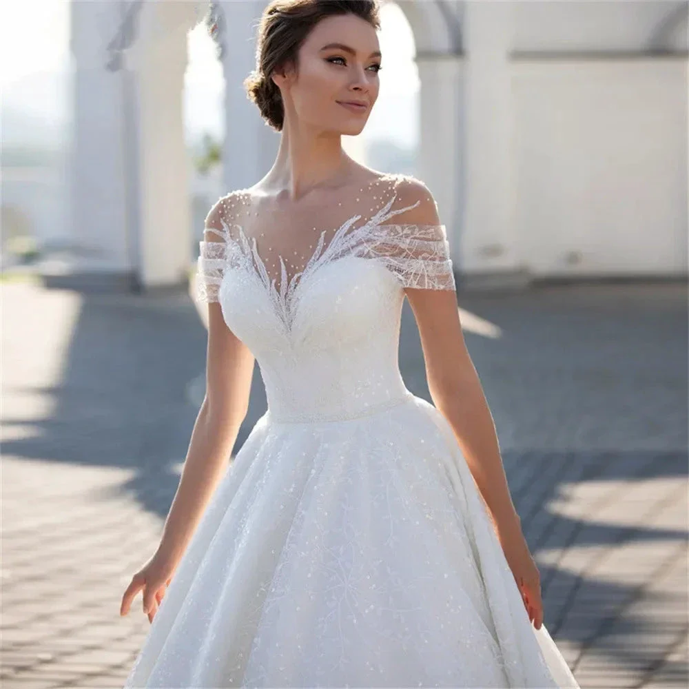 Shiny Off The Shoulder Wedding Dress For Bride  Fashion Glitter Lace A-Line Bridal Gowns Floor Length Custom Made Gillter - Image 2