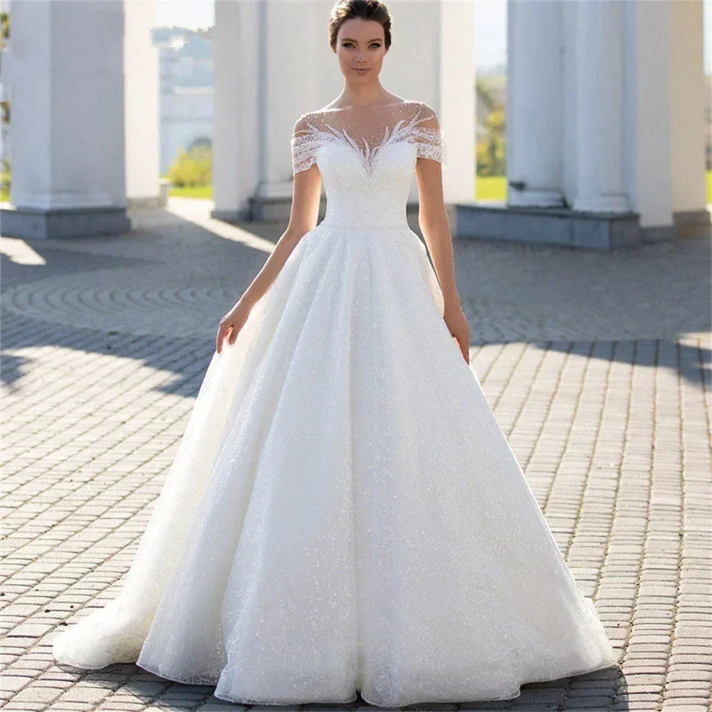 Shiny Off The Shoulder Wedding Dress For Bride  Fashion Glitter Lace A-Line Bridal Gowns Floor Length Custom Made Gillter - Image 4
