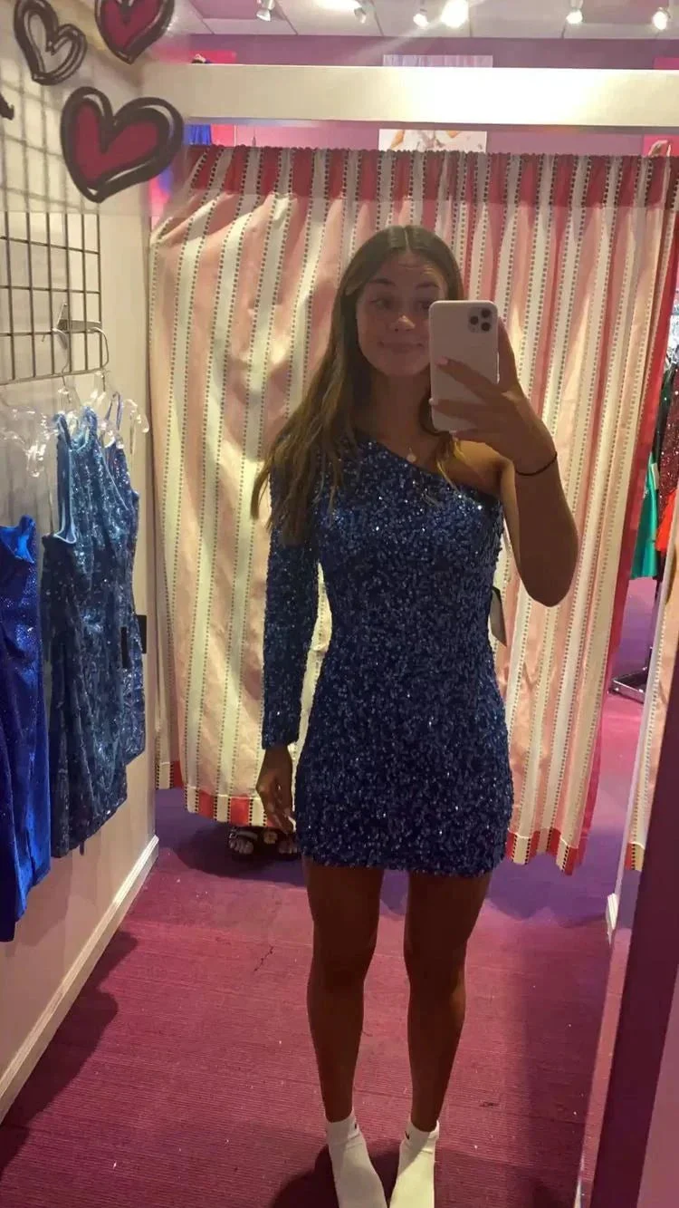 Shiny One Sleeve Sequins Short Homecoming Dress Party Dress Y1199 - Image 2