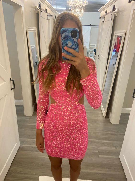 Shiny Pink Sequins Short Homecoming Dress Cute Party Dress Y445 - Image 2