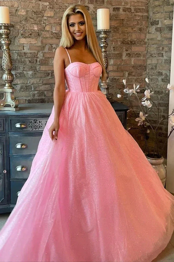 Shiny Pink Tulle Long Prom Dress, Spaghetti Straps Pink Formal Dress, Sparkly Pink Evening Dress Y209 - Image 2