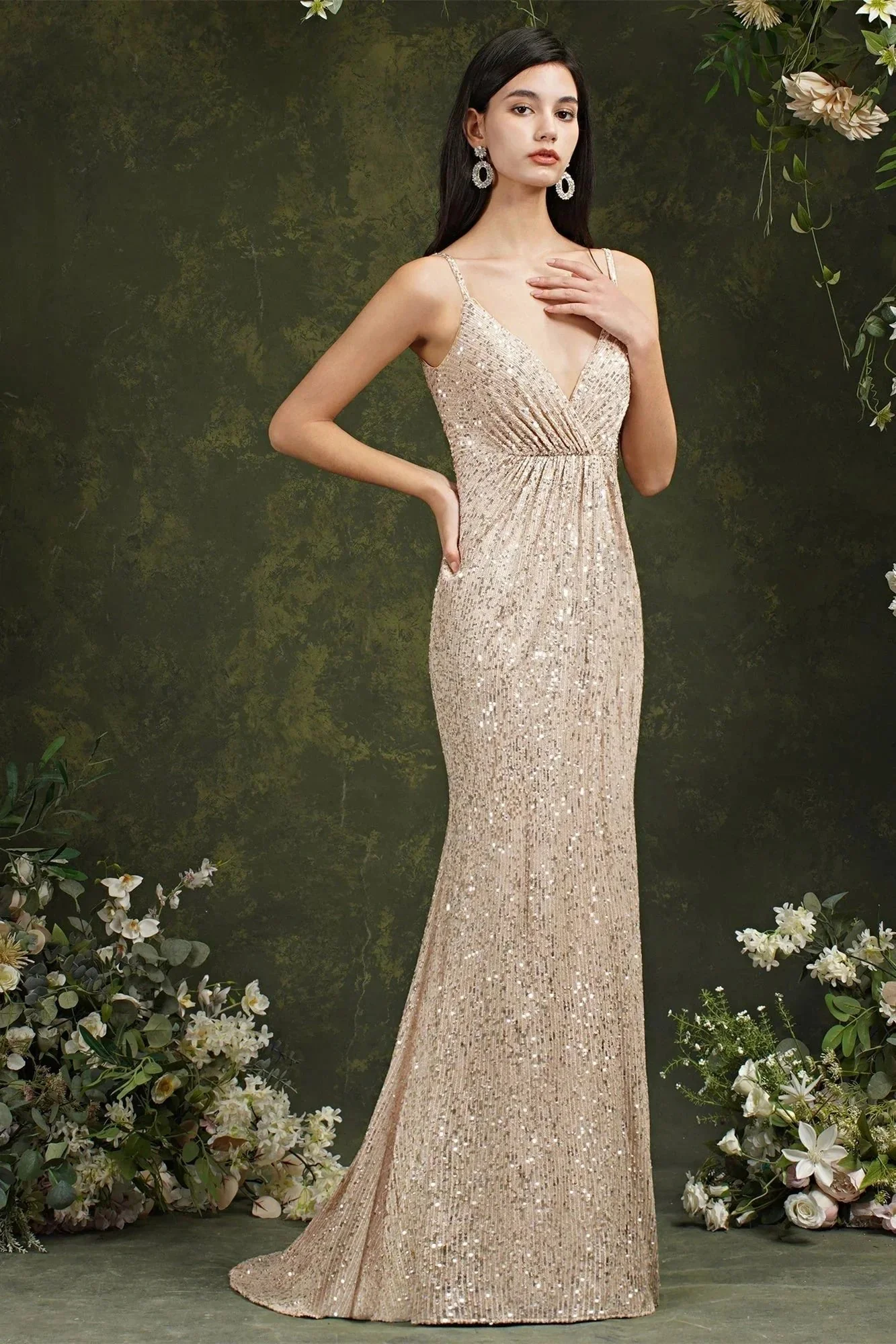 Shiny Sequins Spaghetti Straps V-neck Floor-length Mermaid Bridesmaid/Prom Dress - Image 4