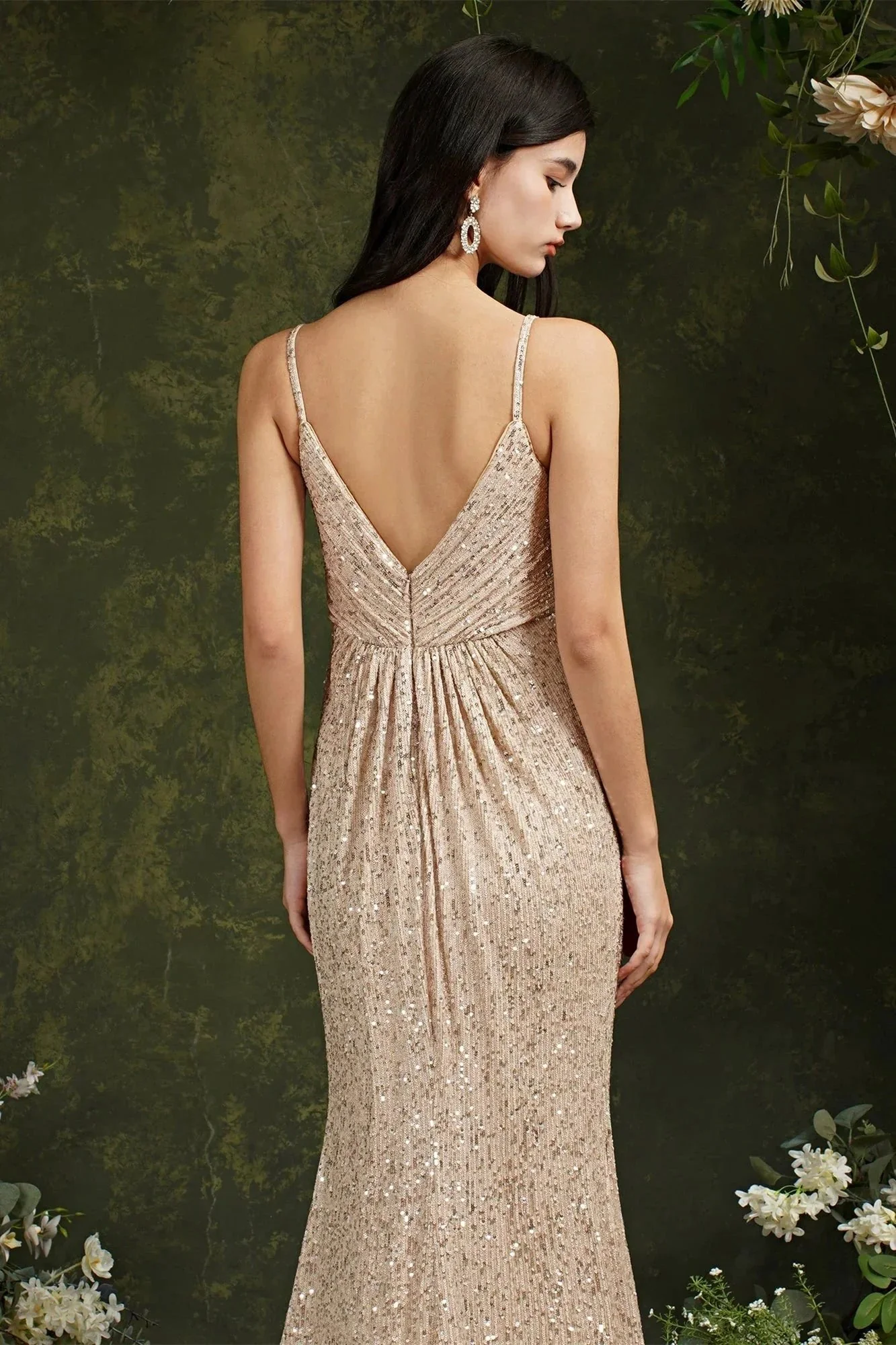 Shiny Sequins Spaghetti Straps V-neck Floor-length Mermaid Bridesmaid/Prom Dress - Image 8