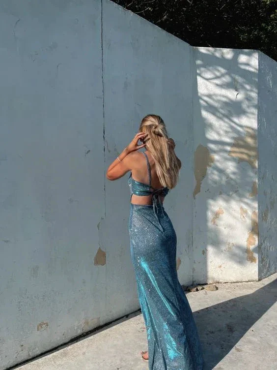 Shiny Spaghetti Straps Sheath Slit Prom Dress Long Evening Dress Y7443 - Image 2