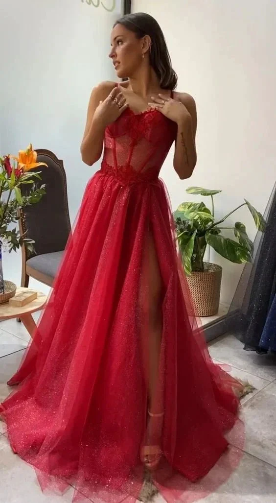 Shiny Sweetheart Neck Red Lace Long Prom Dresses, High Slit Red Lace Formal Dresses, Red Lace Evening Dresses Y1673 - Image 2