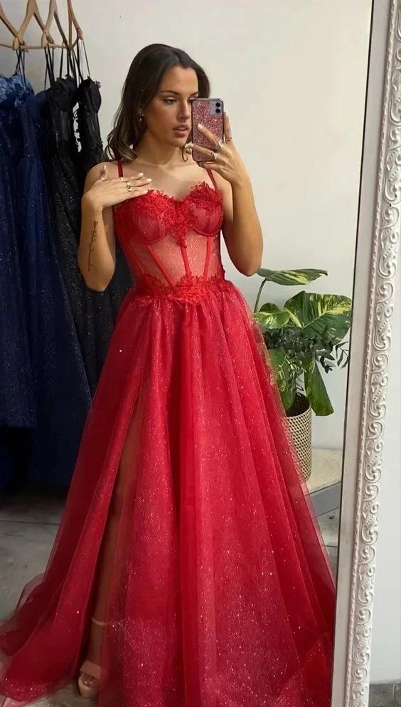 Shiny Sweetheart Neck Red Lace Long Prom Dresses, High Slit Red Lace Formal Dresses, Red Lace Evening Dresses Y1673 - Image 3