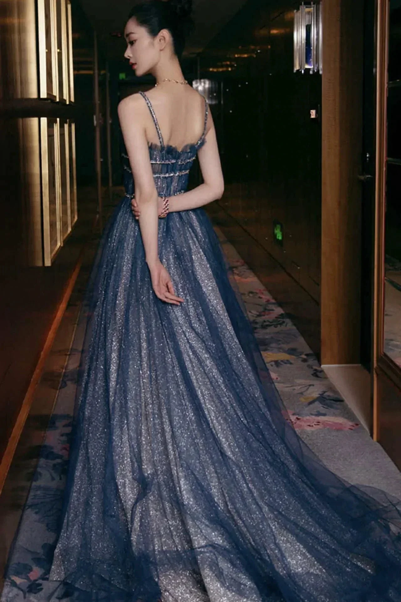 Shiny tulle long A line prom dress blue evening dress Y105 - Image 2