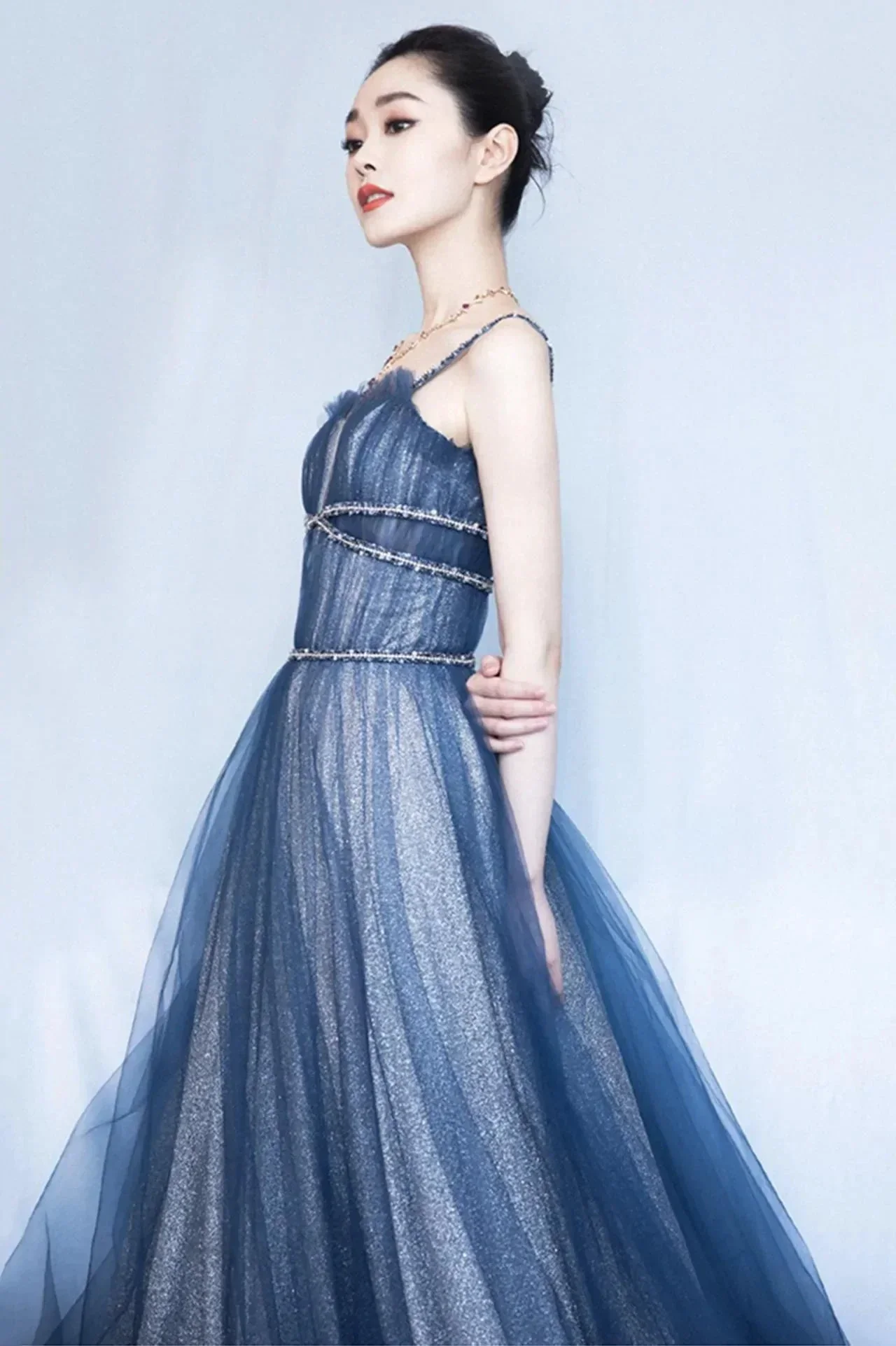 Shiny tulle long A line prom dress blue evening dress Y105 - Image 3