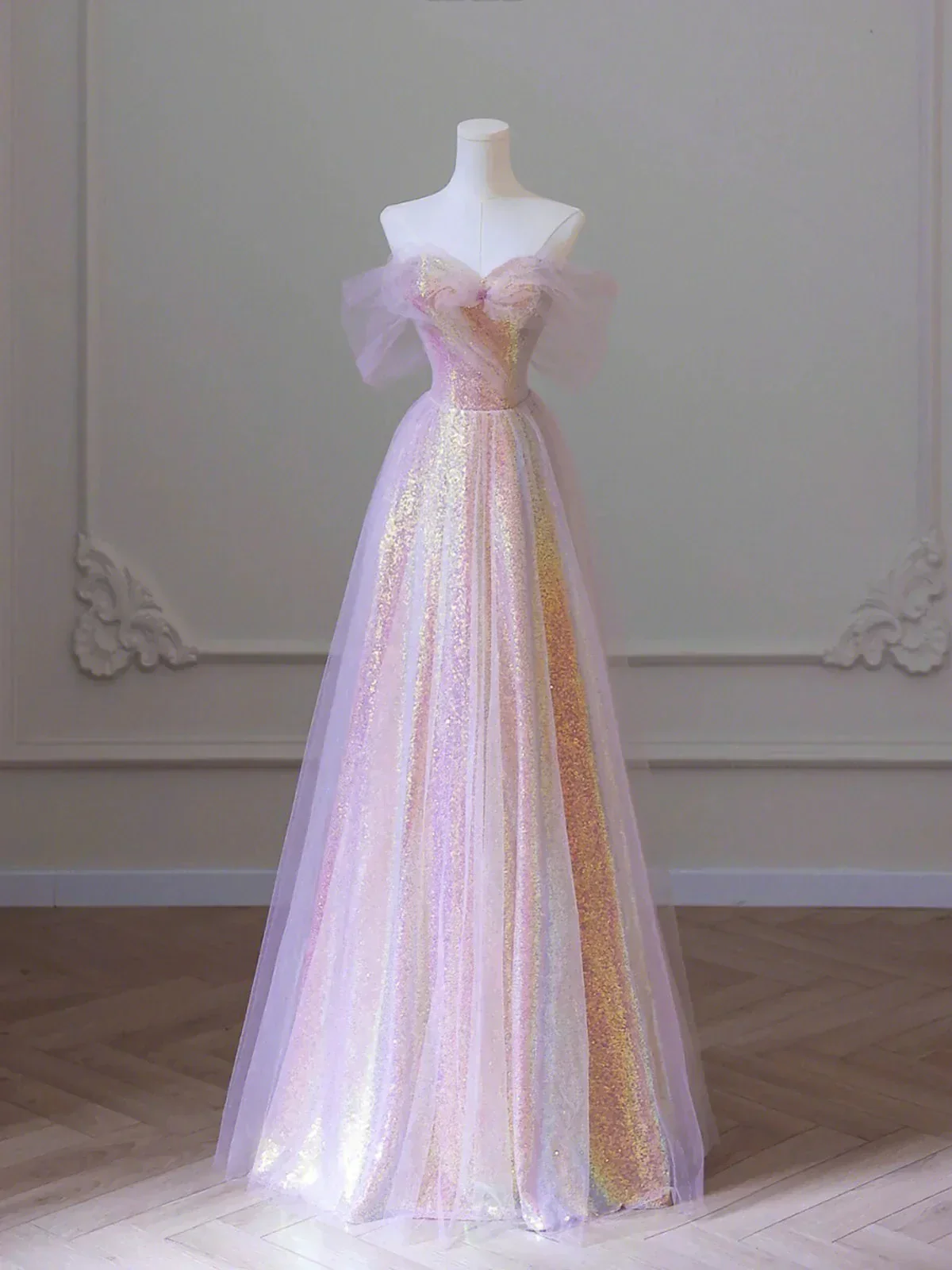 Shiny Tulle Sequins Long Prom Dress, A-Line Off the Shoulder Evening Dress Y1416 - Image 2