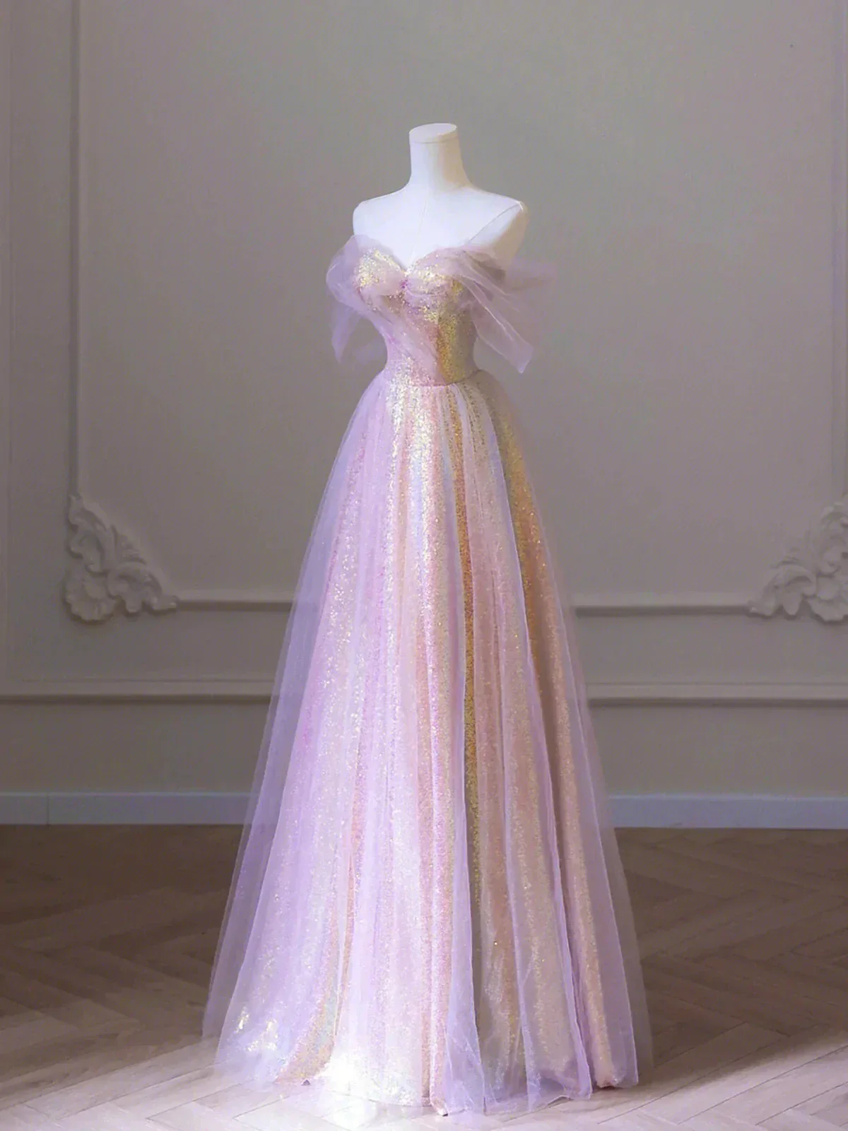 Shiny Tulle Sequins Long Prom Dress, A-Line Off the Shoulder Evening Dress Y1416 - Image 3