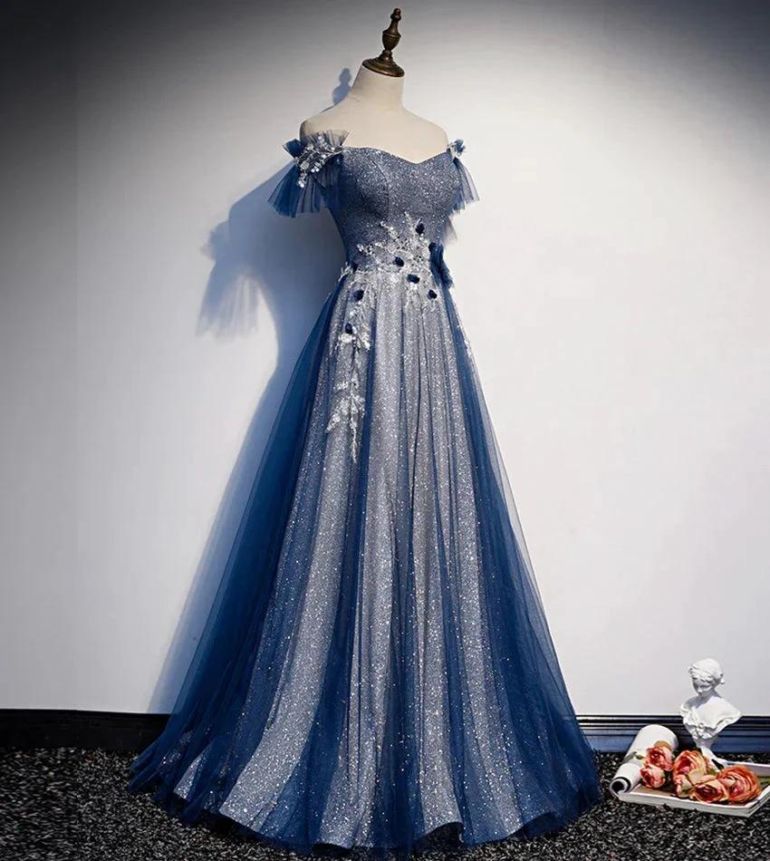 Shiny tulle sequins long prom dress blue evening dress s102 - Image 2