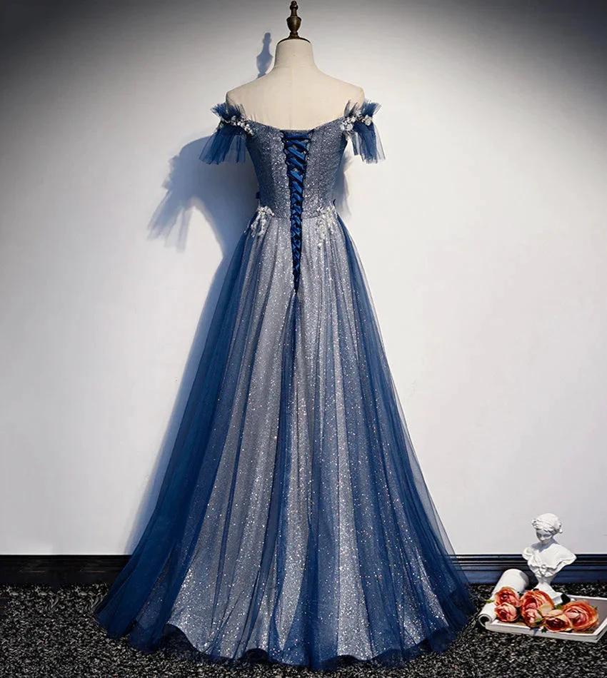 Shiny tulle sequins long prom dress blue evening dress s102 - Image 3