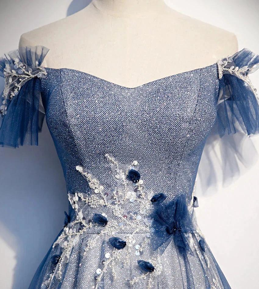 Shiny tulle sequins long prom dress blue evening dress s102 - Image 4