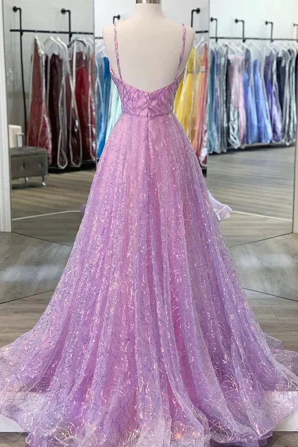 Shiny V Neck Backless Long Purple Prom Dress Backless Purple Formal Graduation Evening Dress Y917 - Image 2