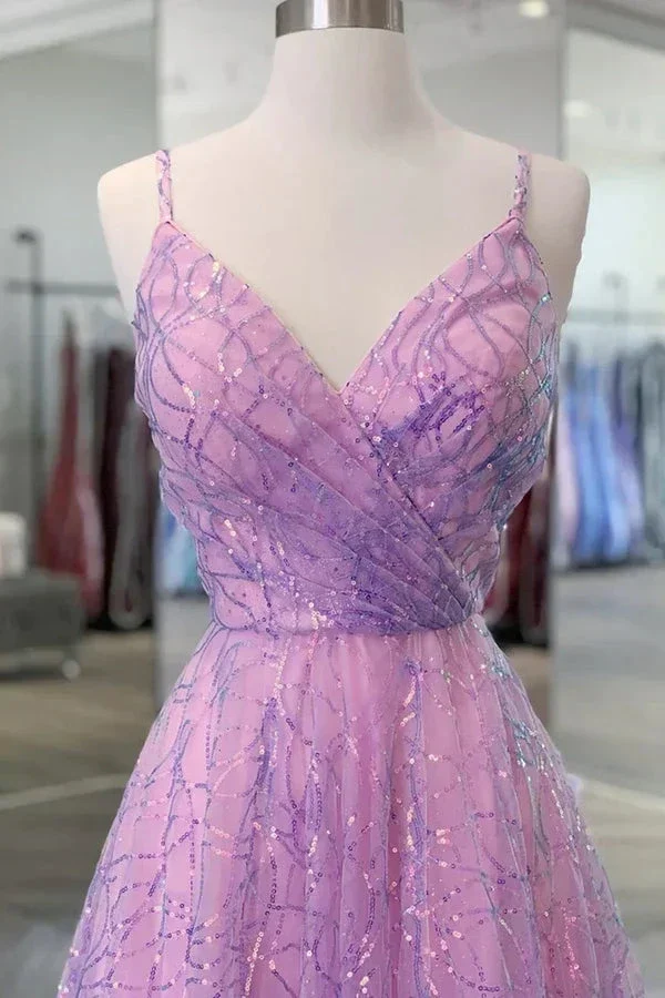 Shiny V Neck Backless Long Purple Prom Dress Backless Purple Formal Graduation Evening Dress Y917 - Image 3