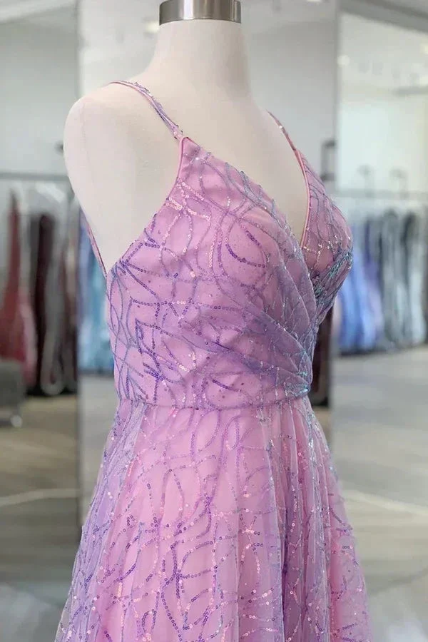 Shiny V Neck Backless Long Purple Prom Dress Backless Purple Formal Graduation Evening Dress Y917 - Image 4