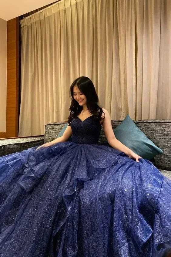 Shiny V Neck Navy Blue Tulle Long Prom Dress Navy Blue Formal Evening Dresses Long Y4895 - Image 2