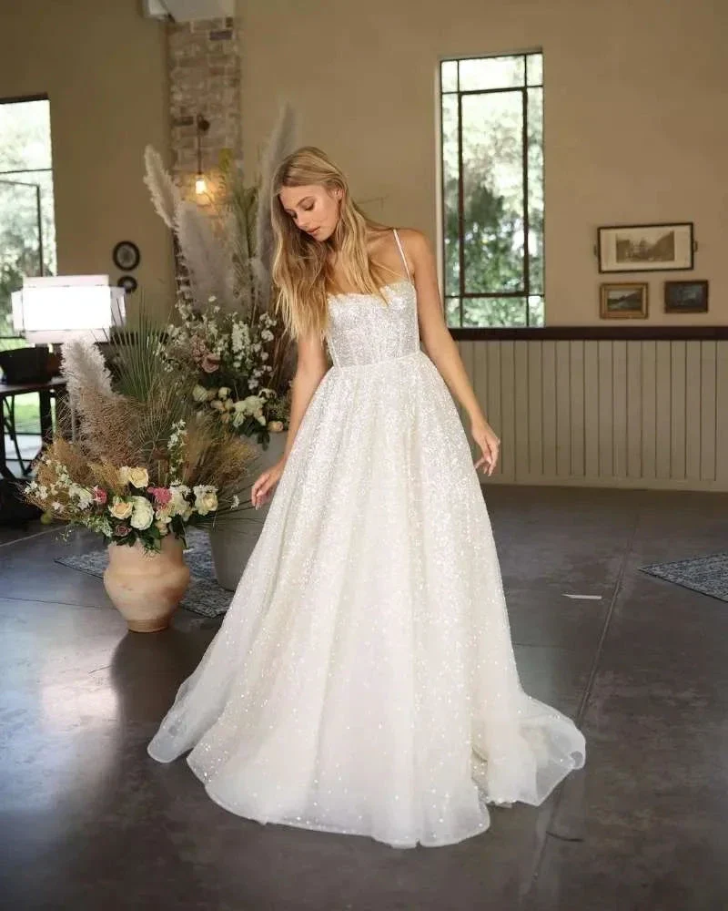 Shiny Wedding Dresses Boho Sweetheart Sequin Spaghetti Strap A-Line Princess Wedding Bridal Gown suknia slubna - Image 3